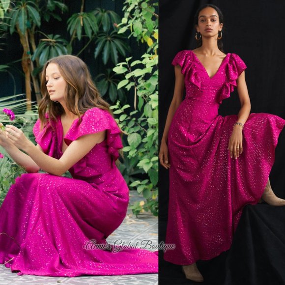 RARE NWT ANTHROPOLOGIE HUTCH Ruffled Shimmer Maxi Dress. Size 12/L - Picture 2 of 16